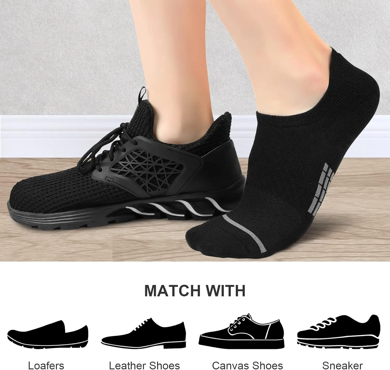 PAPLUS No Show Socks Men 6 Pairs, Non Slip Cushioned Low Cut Ankle Sock with Arch Support