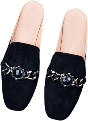 pearlzone Mules for Women Rhinestones Flats Slip on Closed Pointed Toe Loafers Slides Backless Metal Chain Shoes，Womens Rhinestones Mules Casual Shoes