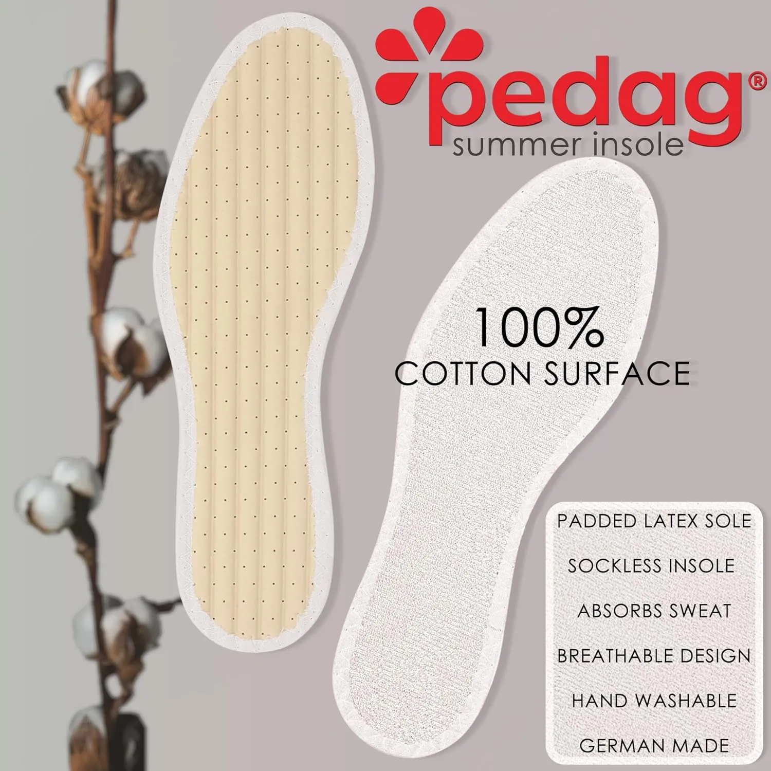 Pedag Summer | Terry Cotton Sockless Insoles | Barefoot Inserts | Handmade in Germany | Absorbs Sweat & Controls Odor | Wear Without Socks | Washable | US Women 11/ Men 8/ EU 41 | White | 3 Pair
