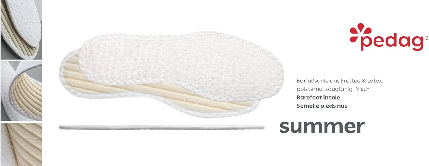 Pedag Summer | Terry Cotton Sockless Insoles | Barefoot Inserts | Handmade in Germany | Absorbs Sweat & Controls Odor | Wear Without Socks | Washable | US Women 11/ Men 8/ EU 41 | White | 3 Pair