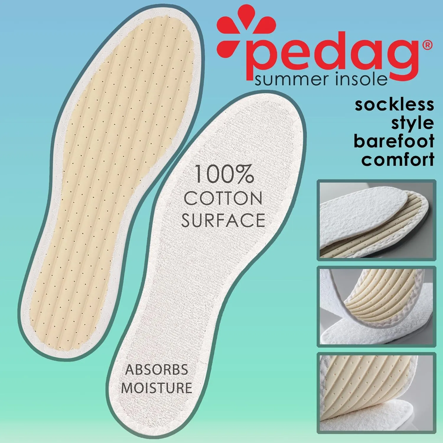 Pedag Summer | Terry Cotton Sockless Insoles | Barefoot Inserts | Handmade in Germany | Absorbs Sweat & Controls Odor | Wear Without Socks | Washable | US Women 11/ Men 8/ EU 41 | White | 3 Pair