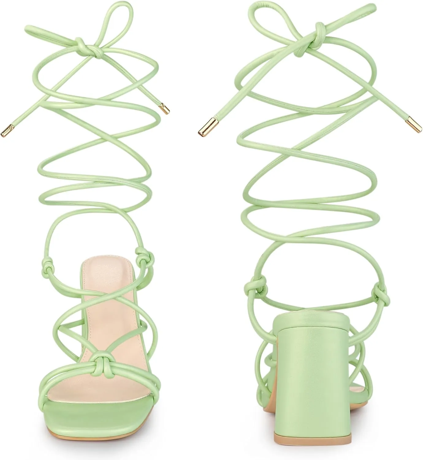 Perphy Strappy Heels Knots Square Toe Block Heel Lace Up Sandals for Women