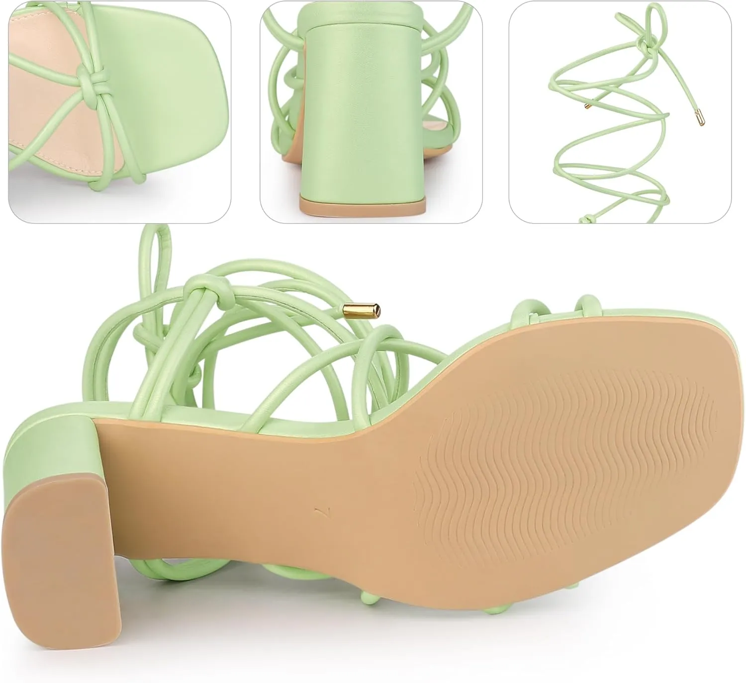 Perphy Strappy Heels Knots Square Toe Block Heel Lace Up Sandals for Women