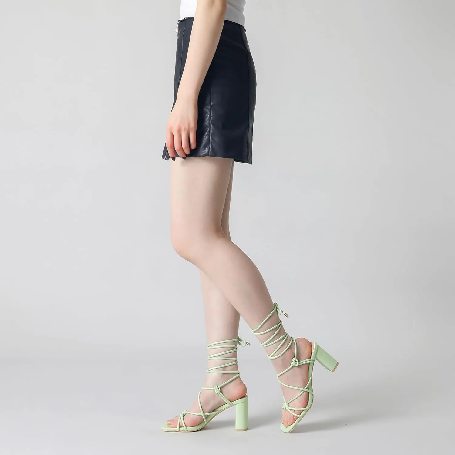 Perphy Strappy Heels Knots Square Toe Block Heel Lace Up Sandals for Women