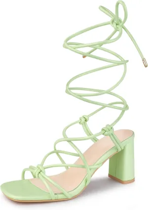 Perphy Strappy Heels Knots Square Toe Block Heel Lace Up Sandals for Women