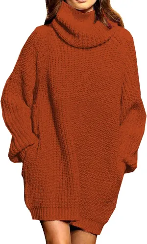 Pink Queen Women's Loose Turtleneck Oversize Long Pullover Sweater Dress