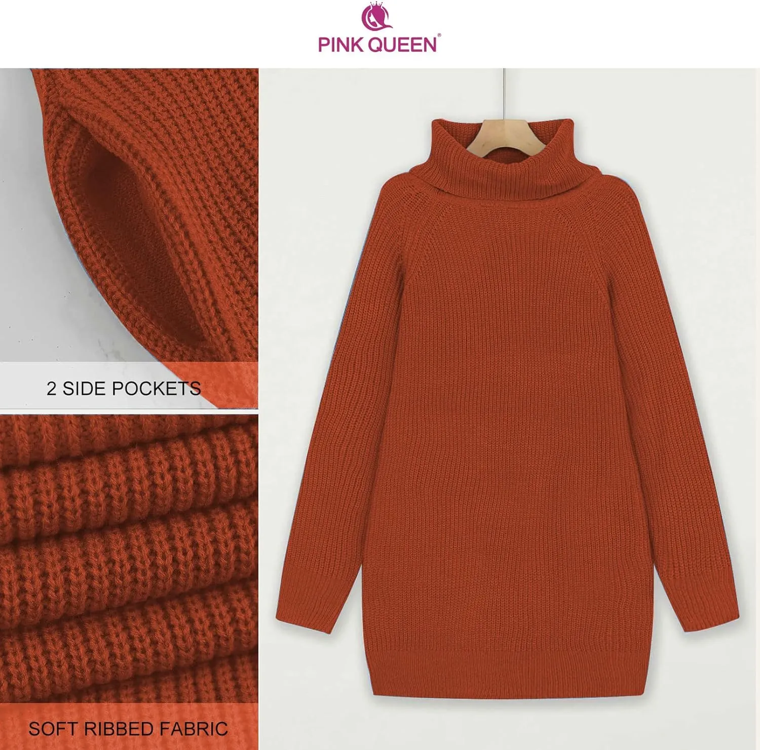 Pink Queen Women's Loose Turtleneck Oversize Long Pullover Sweater Dress