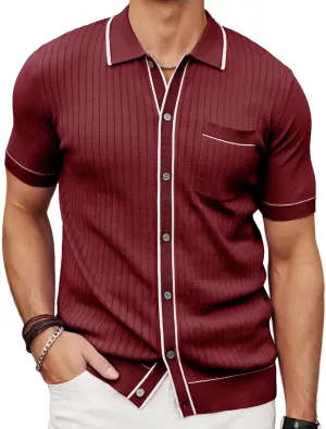 PJ PAUL JONES Mens Knit Shirts Vintage Retro Short Sleeve Button Down Vacation Polo Shirts