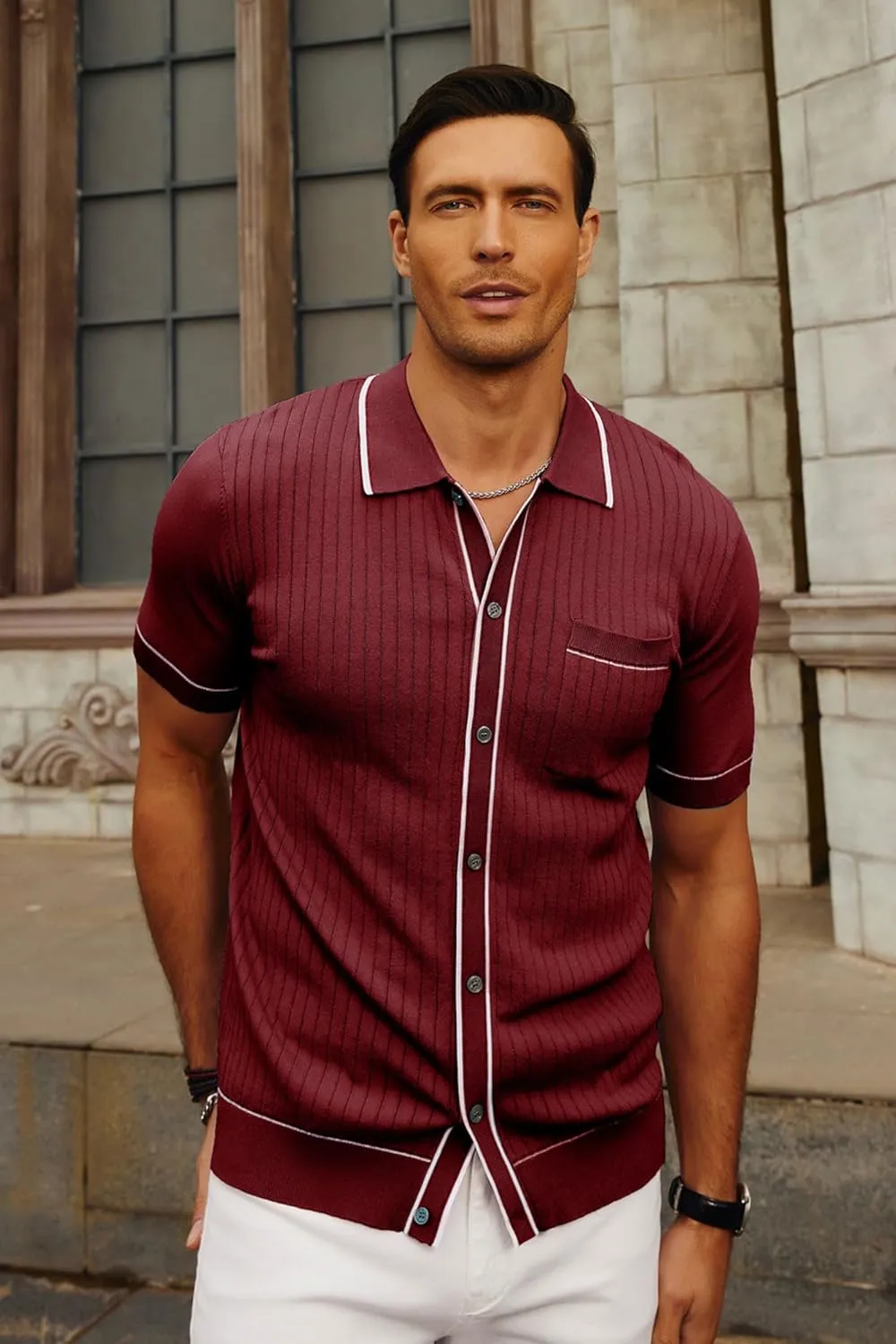 PJ PAUL JONES Mens Knit Shirts Vintage Retro Short Sleeve Button Down Vacation Polo Shirts