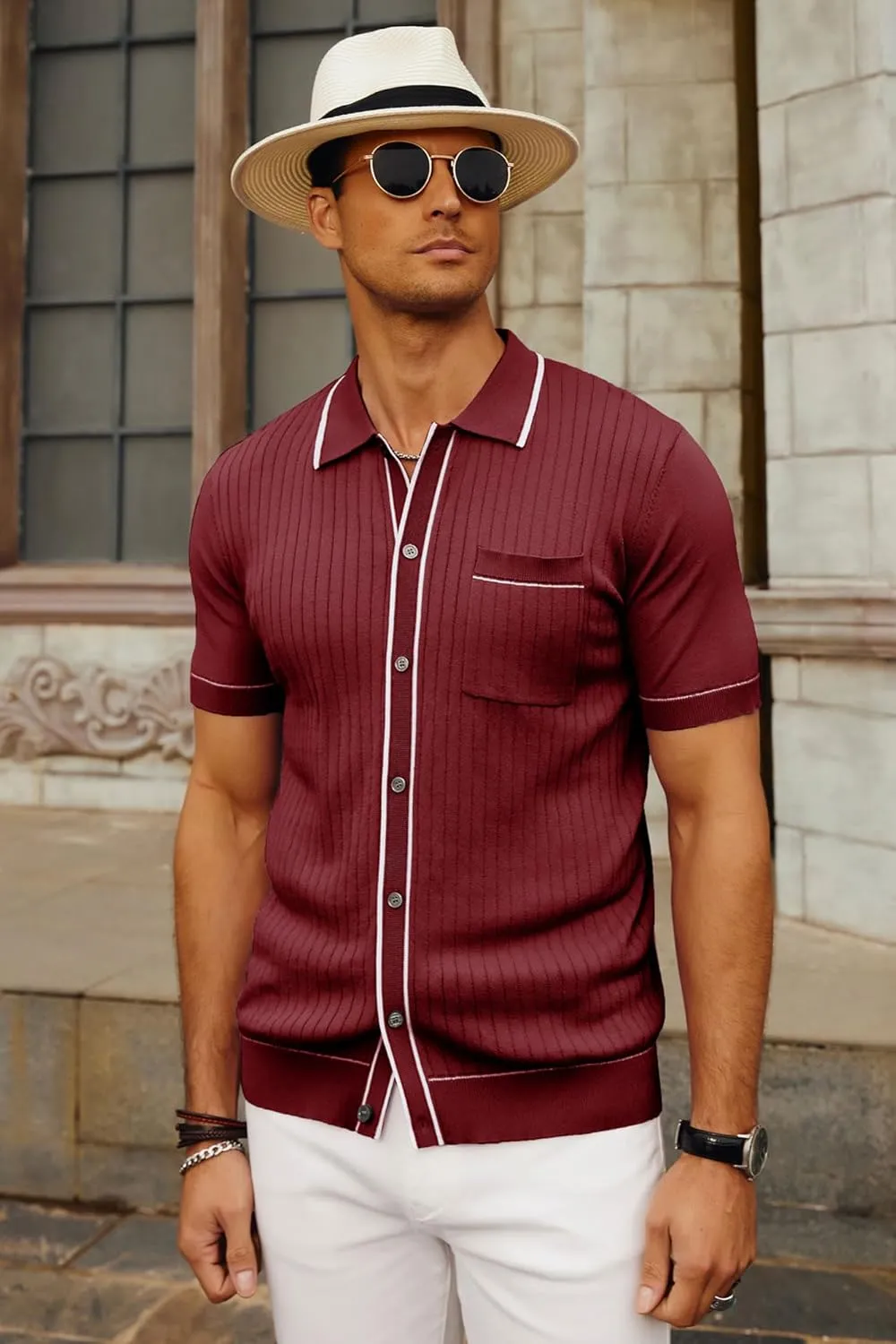 PJ PAUL JONES Mens Knit Shirts Vintage Retro Short Sleeve Button Down Vacation Polo Shirts