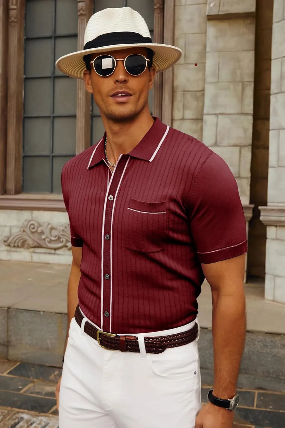 PJ PAUL JONES Mens Knit Shirts Vintage Retro Short Sleeve Button Down Vacation Polo Shirts