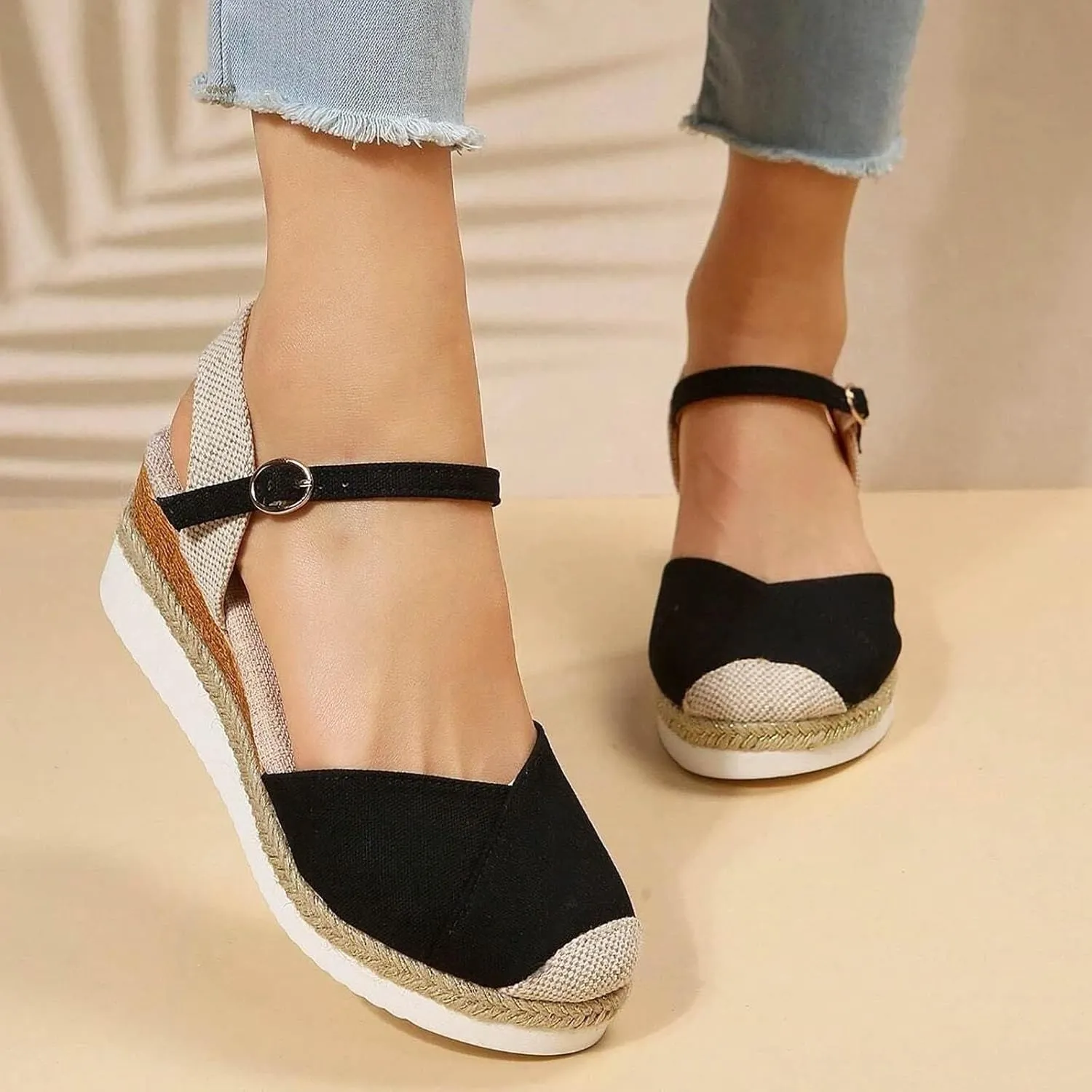 Platform Sandals for Women Summer Buckle Ankle Strap Closed Toe Espadrilles Wedge Sandals Casual Comfortable Beach Boho Sandal Orthopedic Outdoor Slipper Shoe