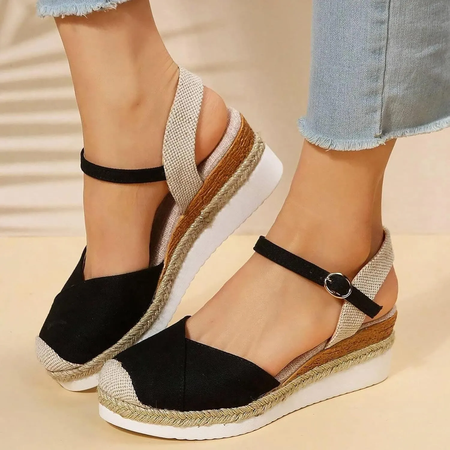 Platform Sandals for Women Summer Buckle Ankle Strap Closed Toe Espadrilles Wedge Sandals Casual Comfortable Beach Boho Sandal Orthopedic Outdoor Slipper Shoe
