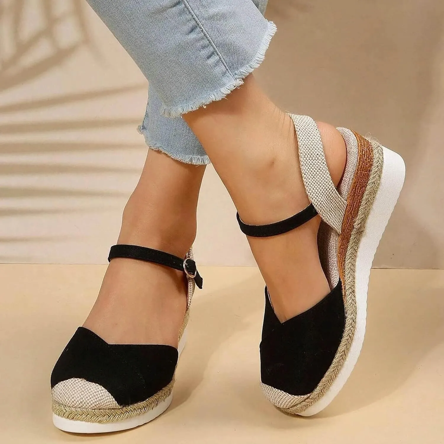 Platform Sandals for Women Summer Buckle Ankle Strap Closed Toe Espadrilles Wedge Sandals Casual Comfortable Beach Boho Sandal Orthopedic Outdoor Slipper Shoe