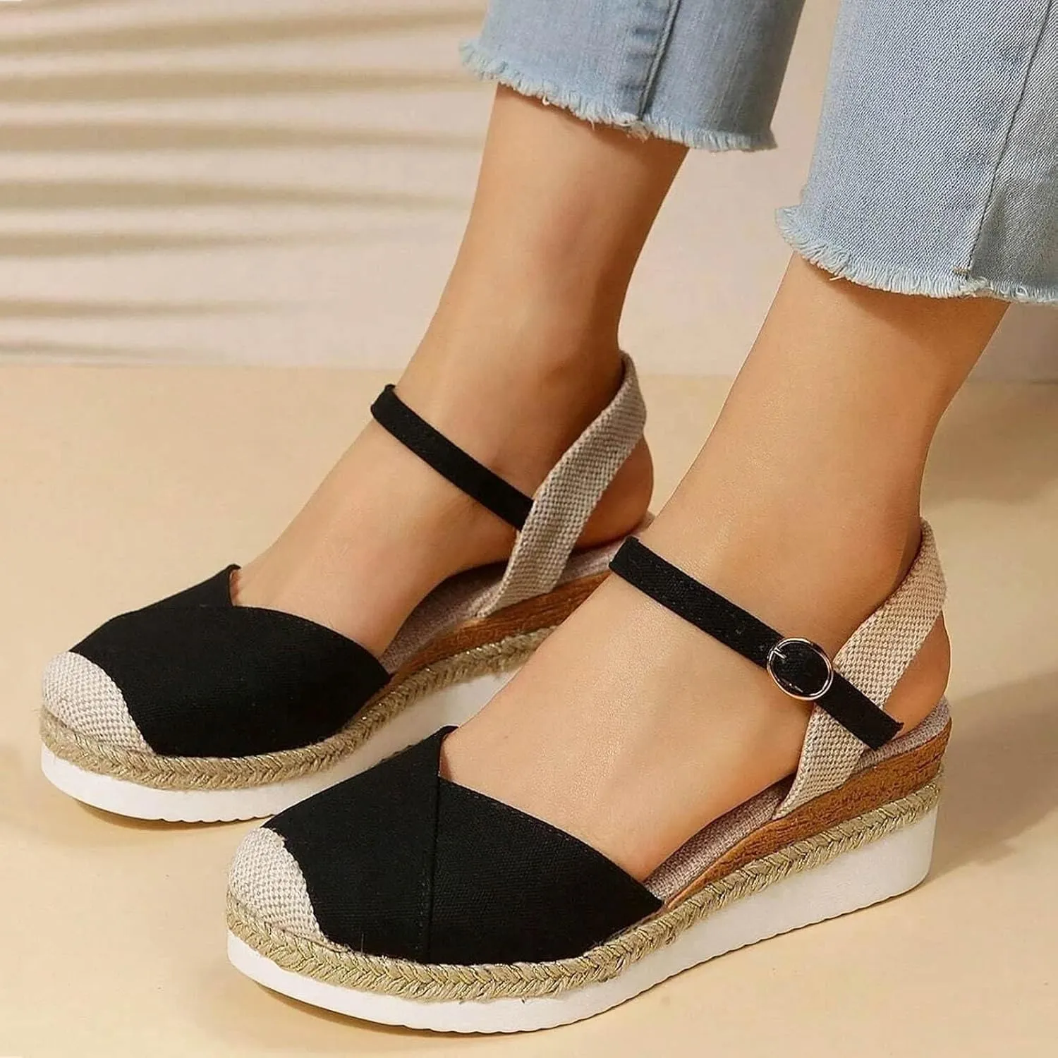 Platform Sandals for Women Summer Buckle Ankle Strap Closed Toe Espadrilles Wedge Sandals Casual Comfortable Beach Boho Sandal Orthopedic Outdoor Slipper Shoe