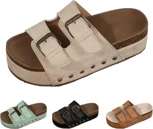 Platform Sandals Women Chunky Y2K, Women's Suede Slip On Flatform Slippers Comfortable with Cork Footbed Studded Flatform Sandals Adjustable Buckle Straps Flat Clogs Open Toe Slide Sandal