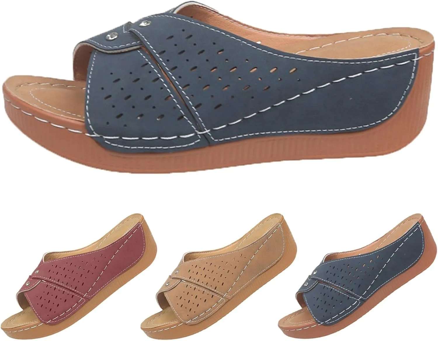 Platform Sandals Women Summer Orthopedic Arch Support Flat Slip on Wide Width Leather Wedge Sandals Damping Sole Upgradation Stretch Lightweight Heels Sandals Diabetic Walking Shoes
