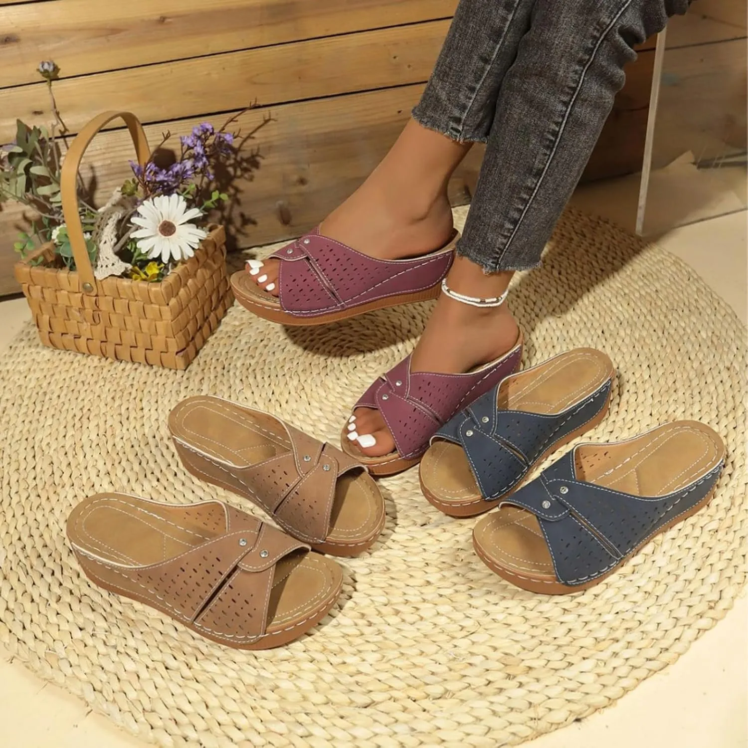 Platform Sandals Women Summer Orthopedic Arch Support Flat Slip on Wide Width Leather Wedge Sandals Damping Sole Upgradation Stretch Lightweight Heels Sandals Diabetic Walking Shoes