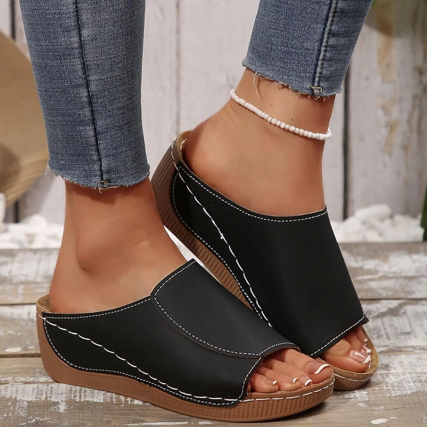 Platform Sandals Women Summer Orthopedic Arch Support Flat Slip on Wide Width Leather Wedge Sandals Damping Sole Upgradation Stretch Lightweight Heels Sandals Diabetic Walking Shoes