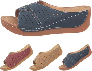 Platform Sandals Women Summer Orthopedic Arch Support Flat Slip on Wide Width Leather Wedge Sandals Damping Sole Upgradation Stretch Lightweight Heels Sandals Diabetic Walking Shoes