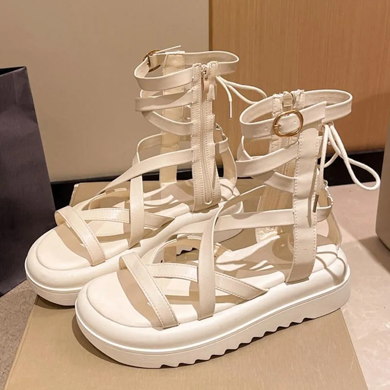 Platform sandals women's 2023 summer new cross-strap design hollow open-toed casual versatile high-top Roman shoes