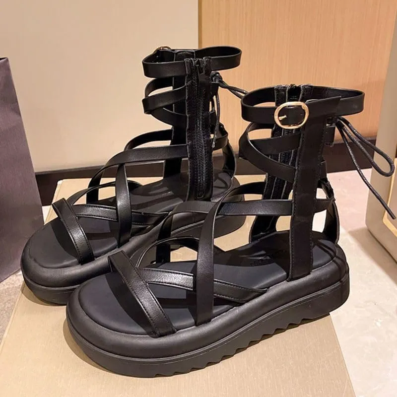 Platform sandals women's 2023 summer new cross-strap design hollow open-toed casual versatile high-top Roman shoes
