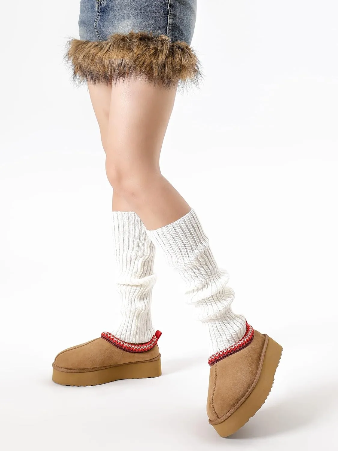 Platform Slippers for Women Mini Boots Genuine Suede Genuine Fur Ankle Snow Boots Braided Indoor Outdoor Slip On Mules