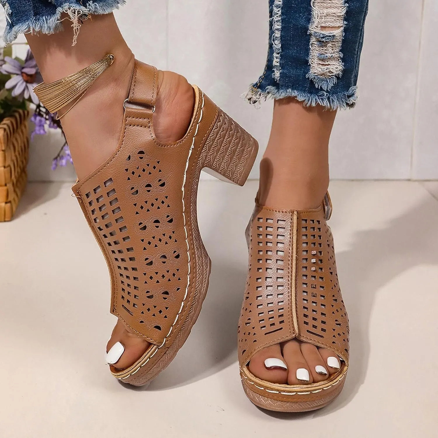 Platform Wedge Sandals Women Open Toe Ankle Strap Retro Block Heels Wedge Sandals 2024 Fashion Dress Shoes Slip on Comfortable Non Slip Sandals Summer