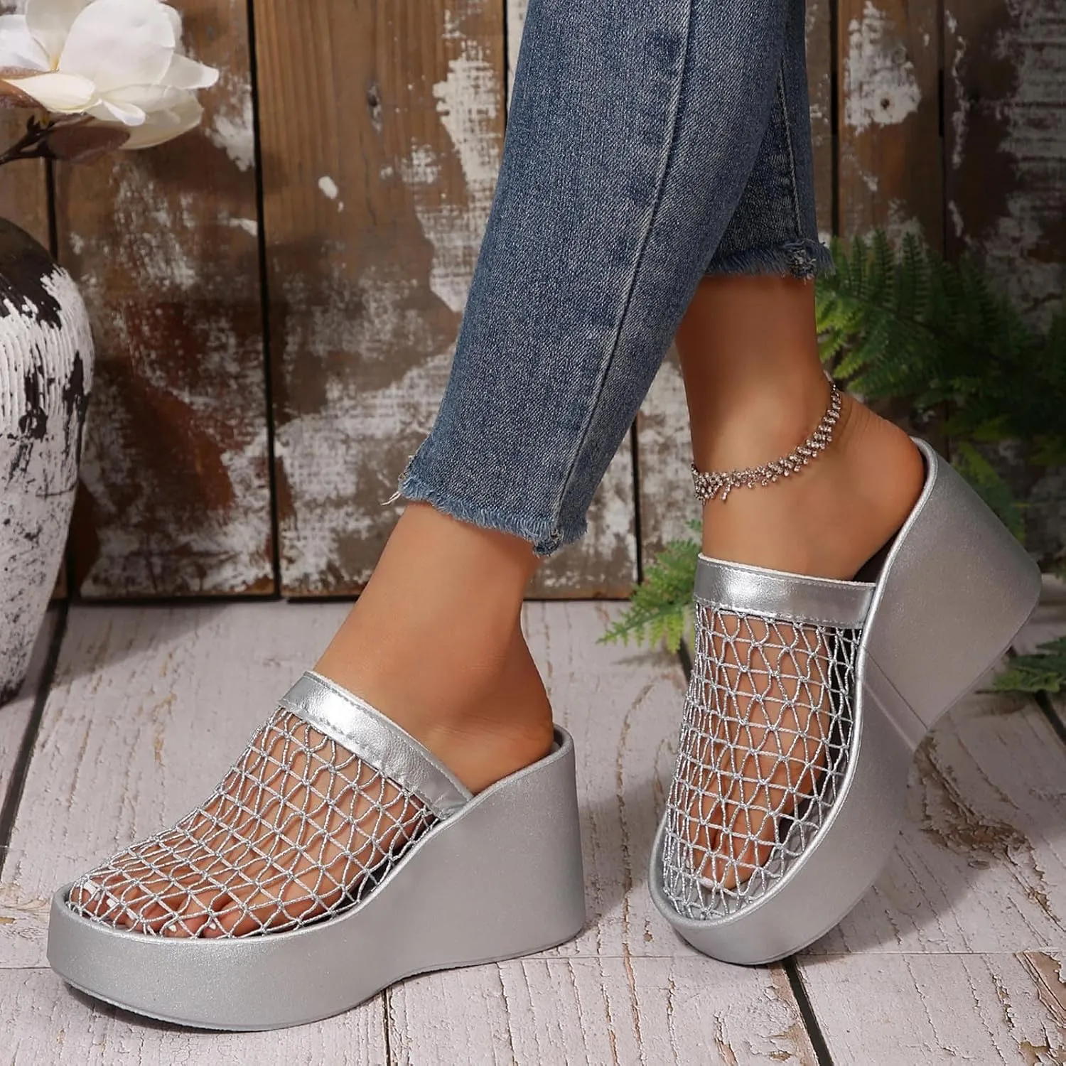Platforms Wedges for Women Colse Toe Hollow Out Fishnet Mesh Sandals Arch Support Indoor Outdoor Beach Walking Standing