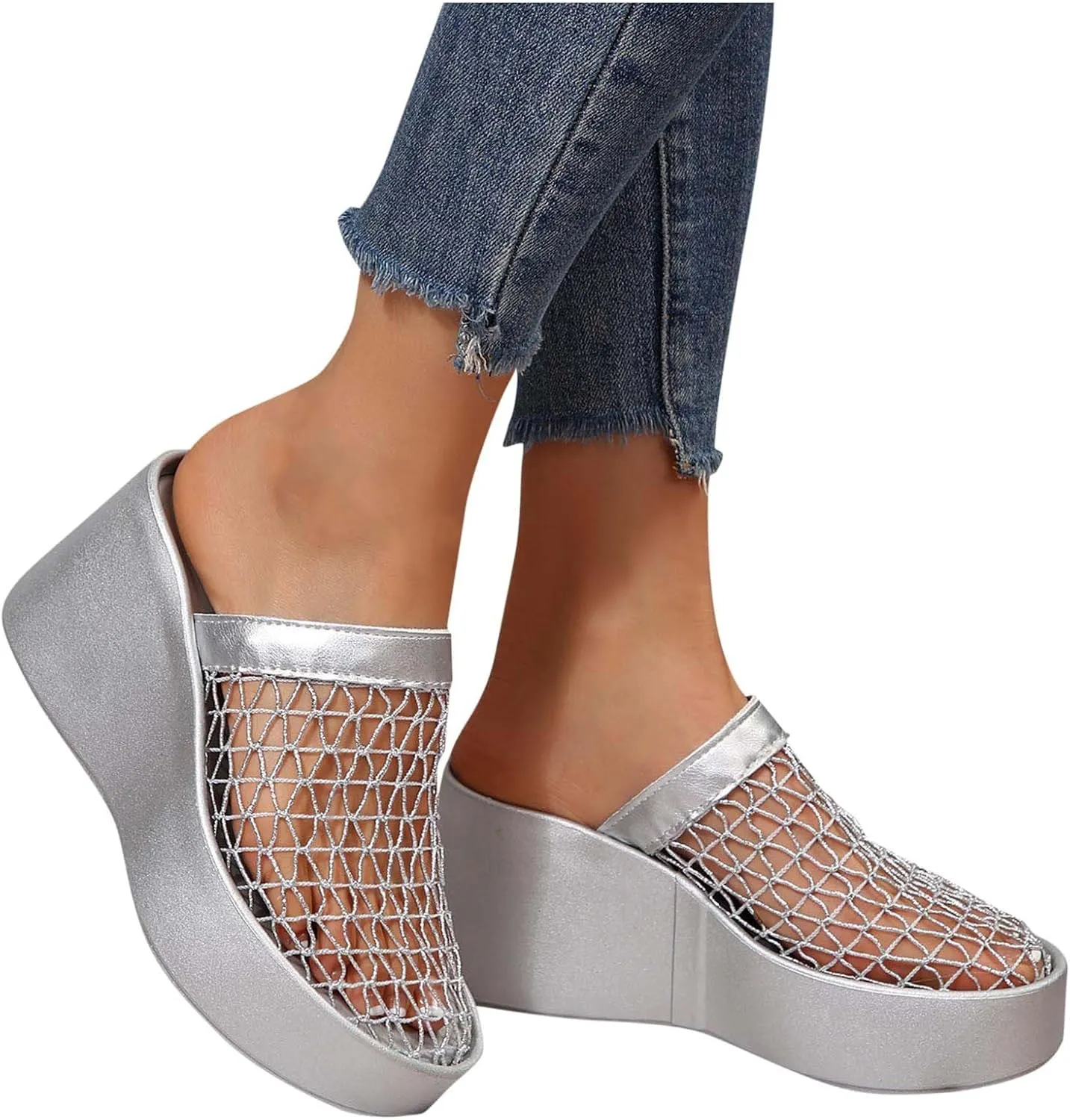 Platforms Wedges for Women Colse Toe Hollow Out Fishnet Mesh Sandals Arch Support Indoor Outdoor Beach Walking Standing
