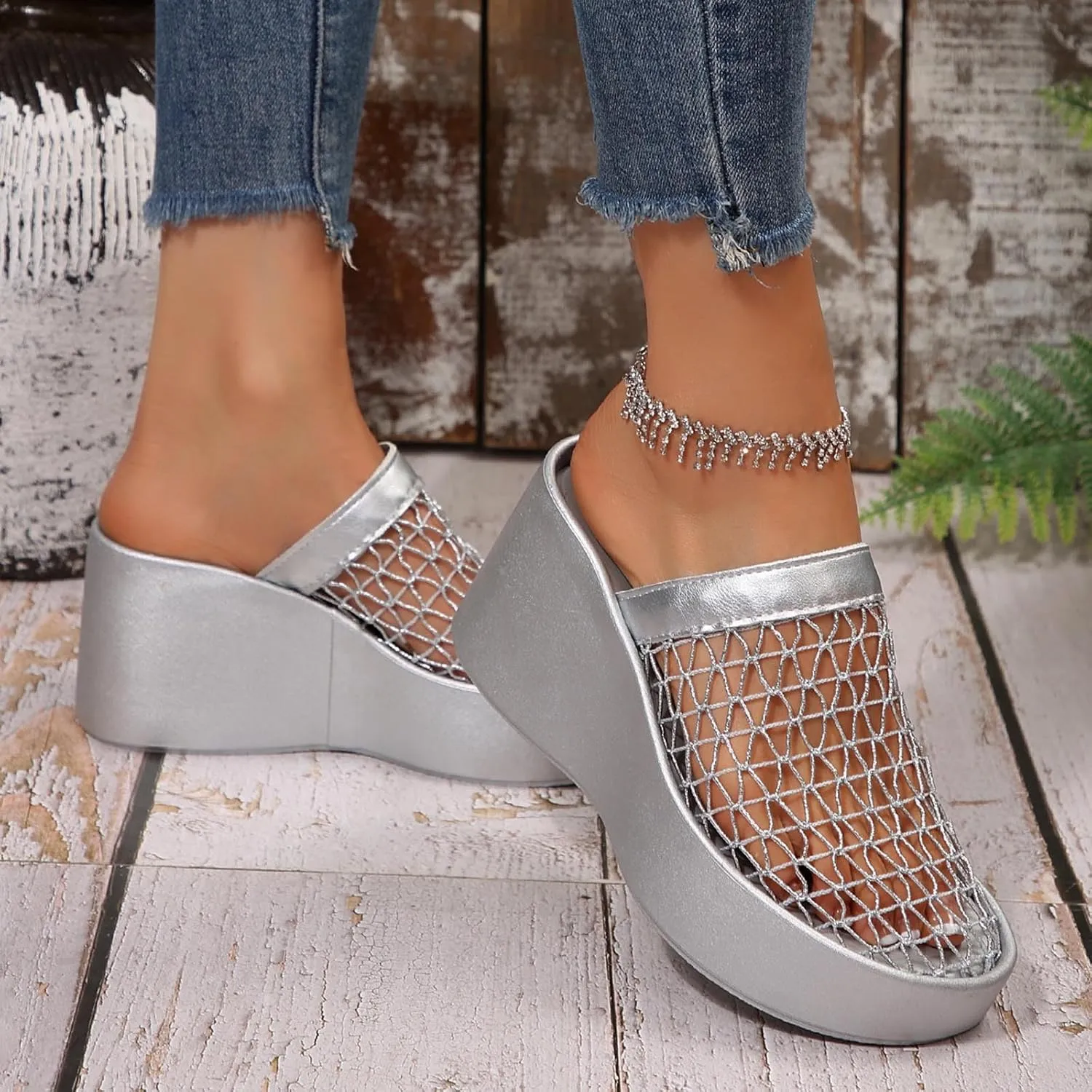 Platforms Wedges for Women Colse Toe Hollow Out Fishnet Mesh Sandals Arch Support Indoor Outdoor Beach Walking Standing