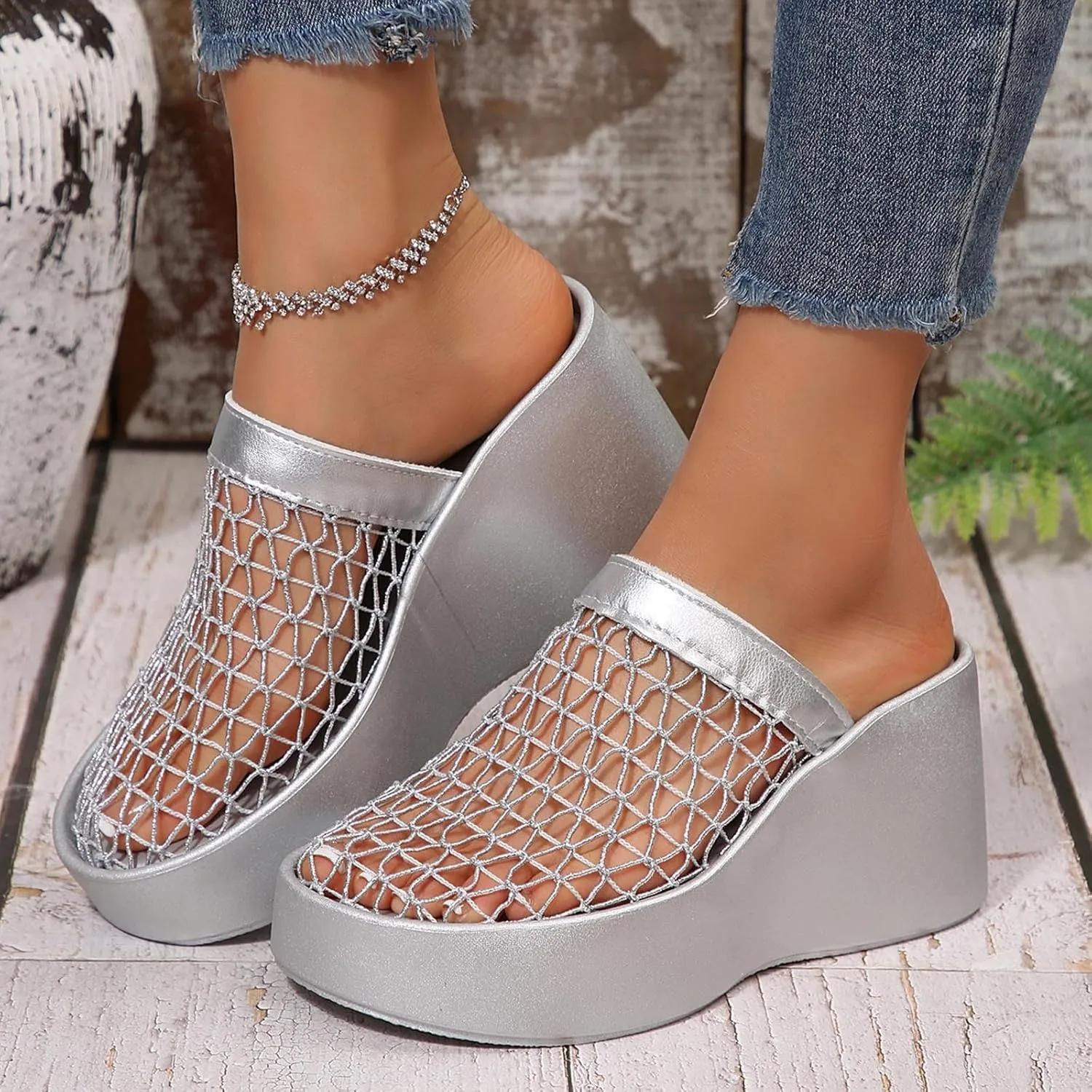 Platforms Wedges for Women Colse Toe Hollow Out Fishnet Mesh Sandals Arch Support Indoor Outdoor Beach Walking Standing