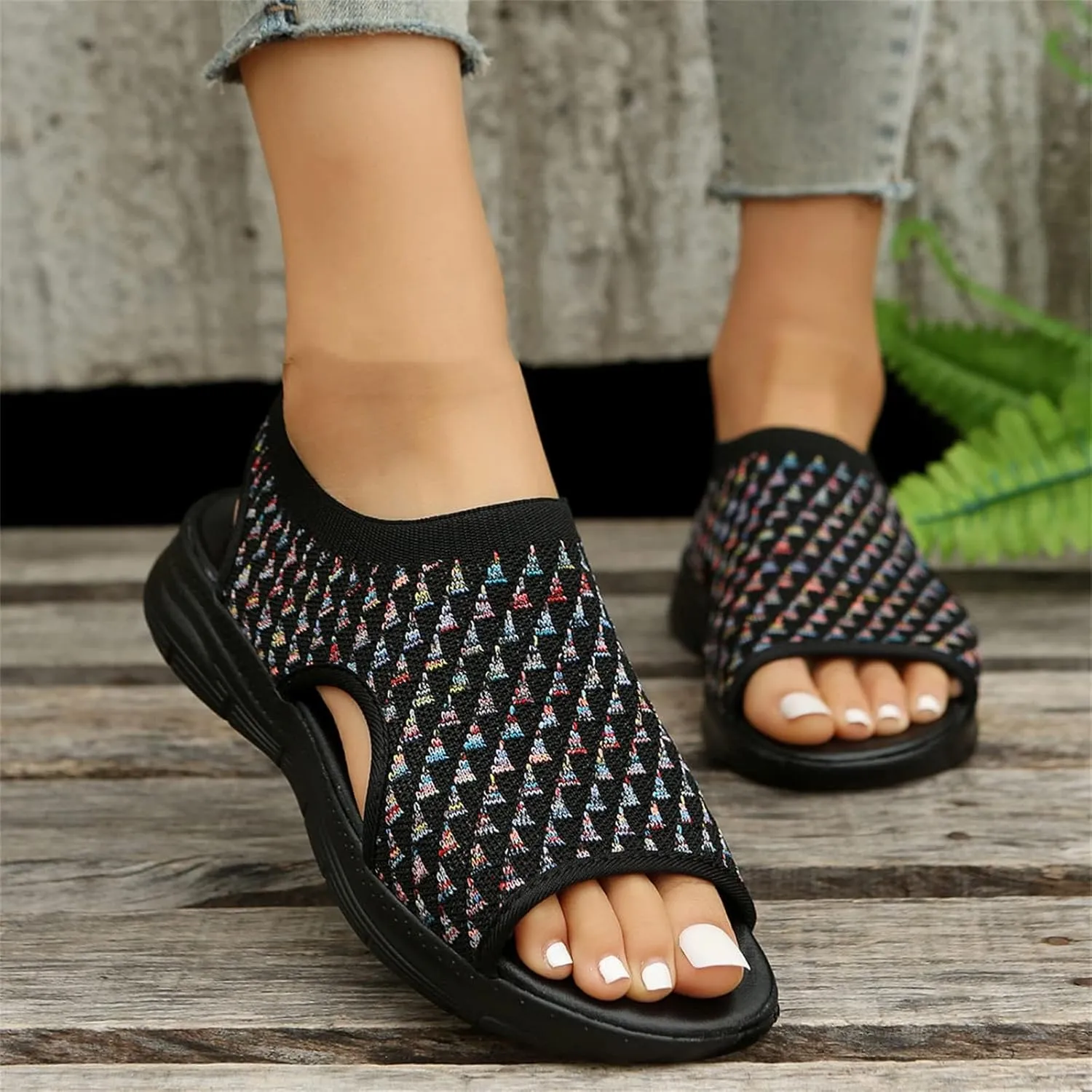 Premium Stretch Slingback Sports Sandals,Knit Thick Bottom Fish Mouth Casual Sandals Mesh Soft Sole Casual Women's Shoes,Summer Washable Slingback Orthopedic Knit Sandals Women