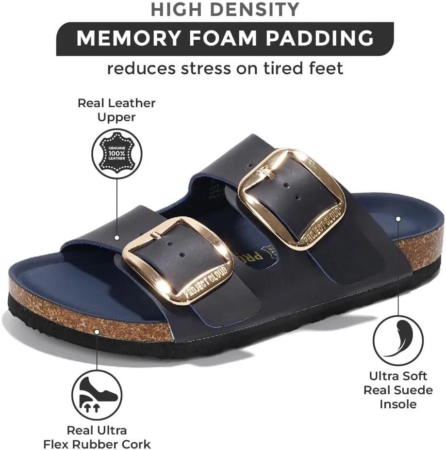Project Cloud Genuine Leather Flat Sandals for Women 2025 Comfortable Beach Essentials Womens Sandals Memory Foam Vacation Essentials Slides for Women Footwear (Santorini)