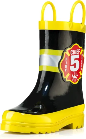 Puddle Play Rubber Rainboots 100% Waterproof - Easy-on Handles Yellow Fire Chief Size 12 Little Kid