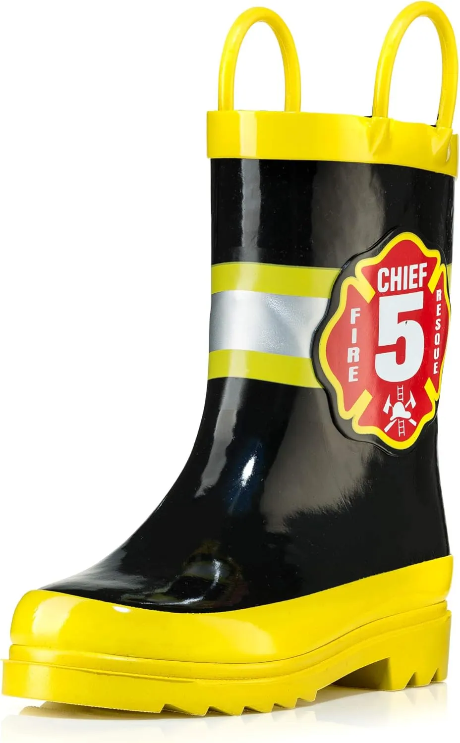 Puddle Play Rubber Rainboots 100% Waterproof - Easy-on Handles Yellow Fire Chief Size 12 Little Kid