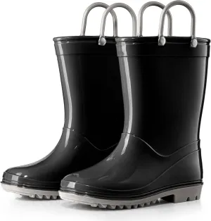 Puddle Play Toddler and Kids Rain Boots with Easy On Handles - Boys and Girls Black and Grey