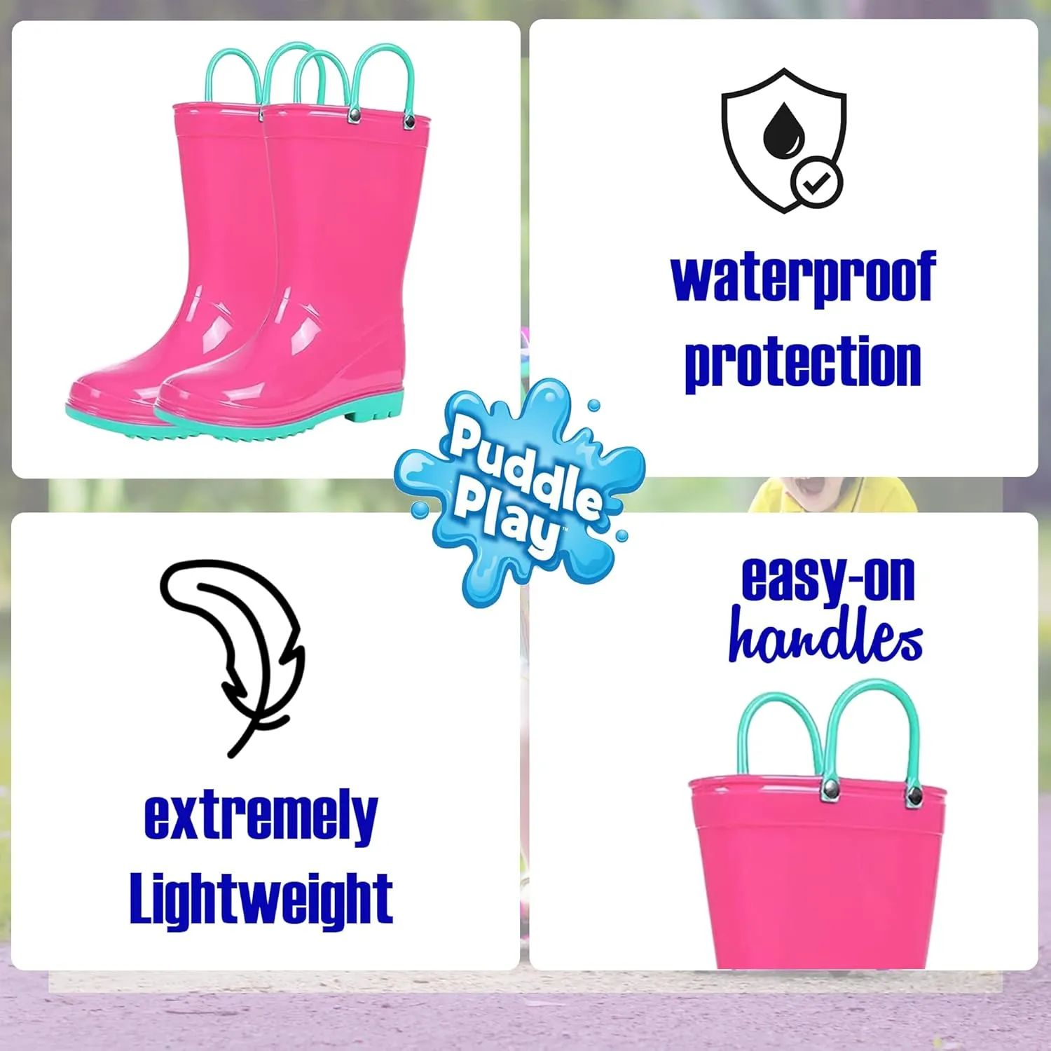 Puddle Play Toddler and Kids Waterproof PVC Rain Boots with Easy-On Handles – Lightweight Slip-Resistant Outdoor Boots for Boys and Girls
