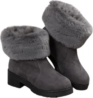 Purubylley Winter Boots for Women Fashion Solid Color Suede Block Heel Ankle Boots Warm Plush Lined Mid Calf Boots Anti Slip Snow Boots