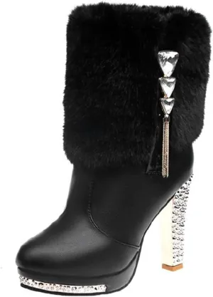 Purubylley Women's Winter Fur Warm Plush Ankle Boots,Fashion Rhinestones Deco Side Zipper Non-slip Warm Closure Chunky High Heel Snow Boots