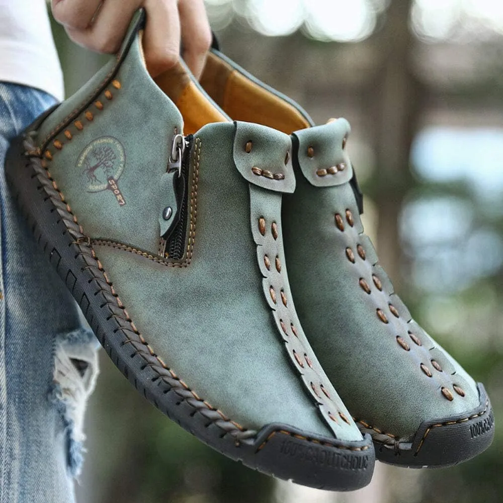 QINGCOMFACAI Mens Ankle Boots Leather Casual Loafers Shoes Slip On Fashion Hand Stitching Chukka Shoes Driving Outdoor Working Shoes
