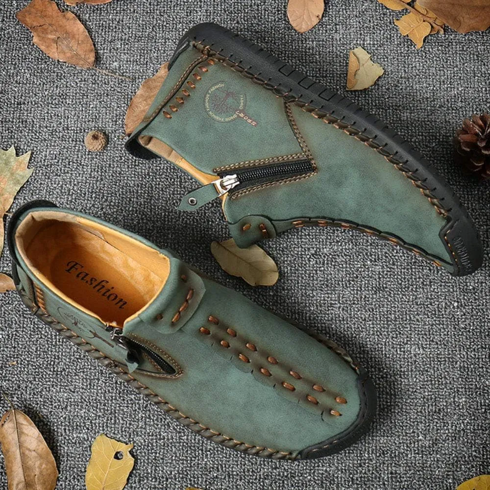 QINGCOMFACAI Mens Ankle Boots Leather Casual Loafers Shoes Slip On Fashion Hand Stitching Chukka Shoes Driving Outdoor Working Shoes