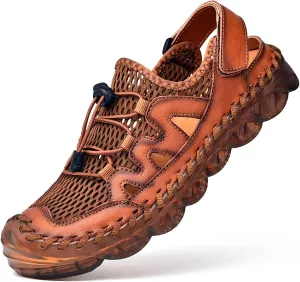 Qiucdzi Mens Closed Toe Sandals, Sport Sandals Casual Leather Handmade Sandals Adjustable Fisherman Beach Sandals For Outdoor Walking Driving