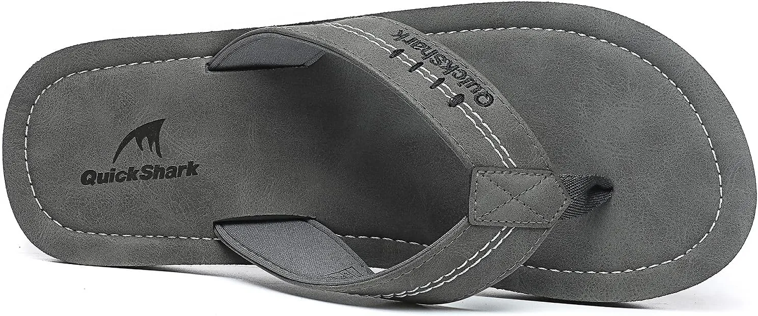 Quickshark Mens Flip Flops Leather Thong Sandals Arch Support Beach Slippers