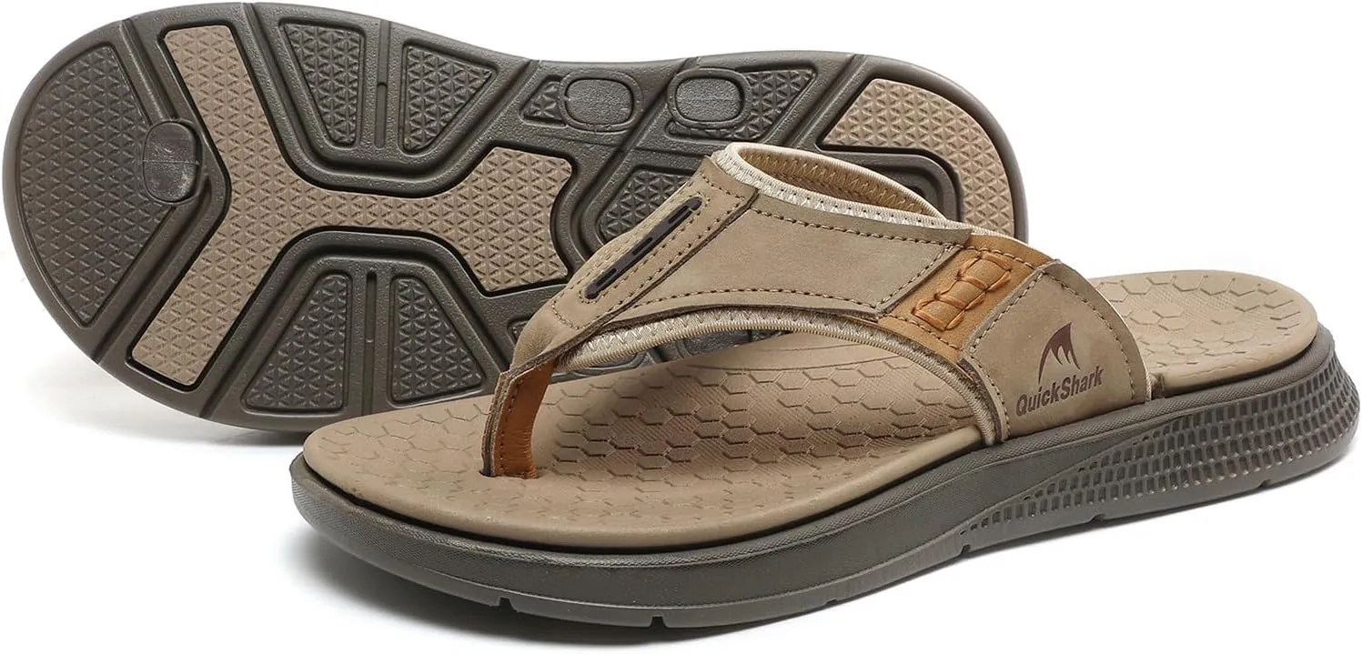 Quickshark Mens Flip Flops Leather Thong Sandals Arch Support Beach Slippers