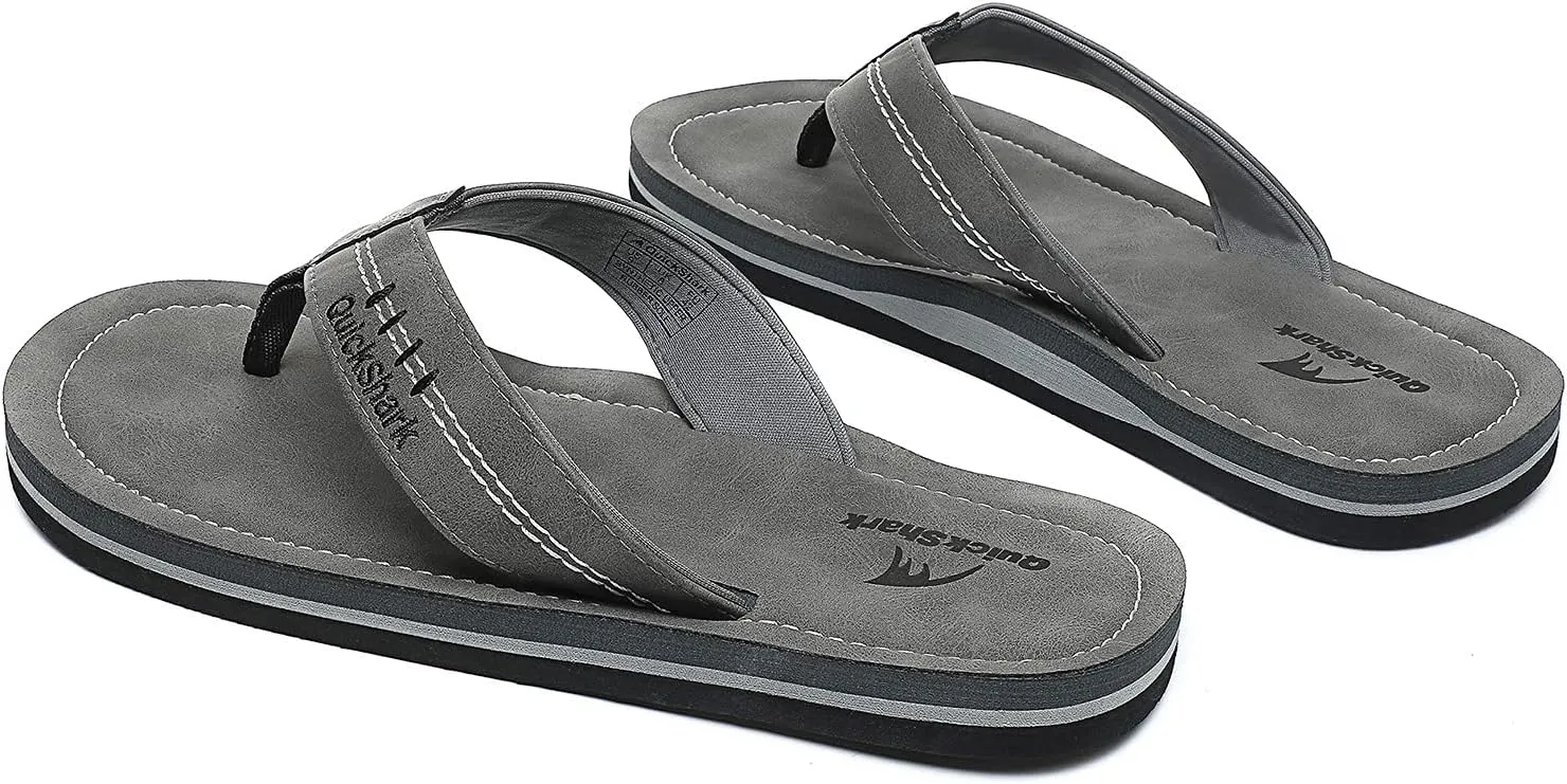 Quickshark Mens Flip Flops Leather Thong Sandals Arch Support Beach Slippers
