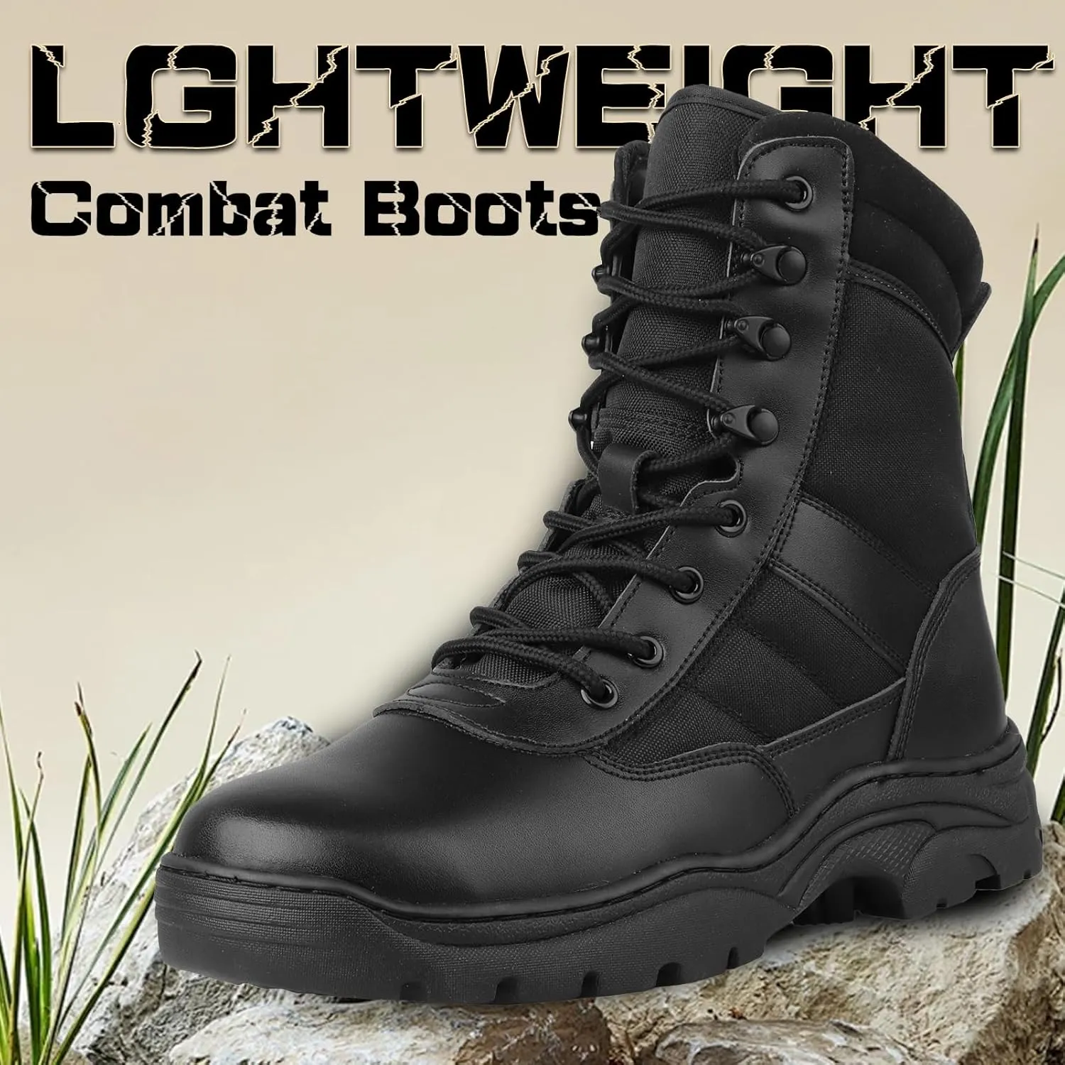 QUNLON Men's Tactical Military Boots Side Zipper Lightweight 8'' Army Combat Motorcycle Boots for Duty Work