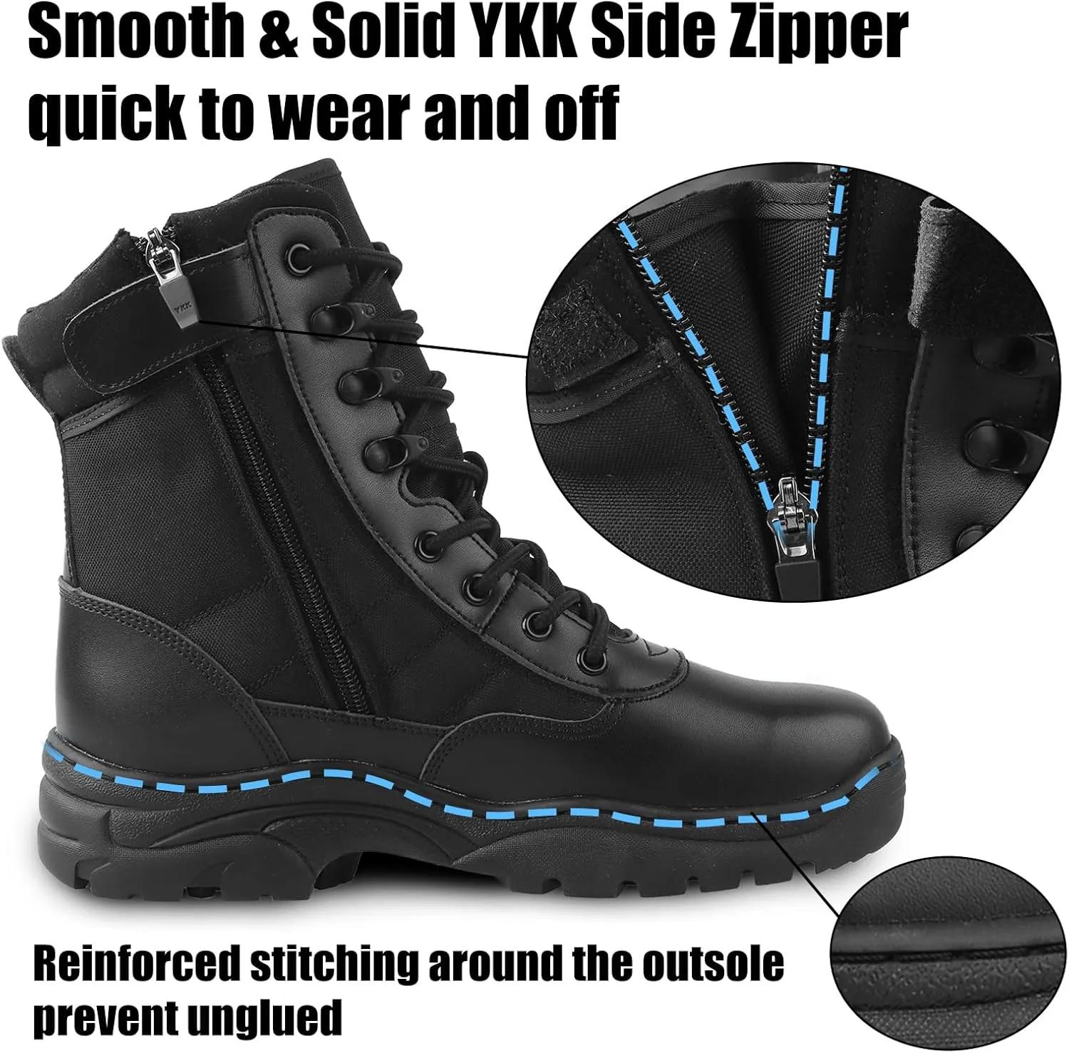 QUNLON Men's Tactical Military Boots Side Zipper Lightweight 8'' Army Combat Motorcycle Boots for Duty Work