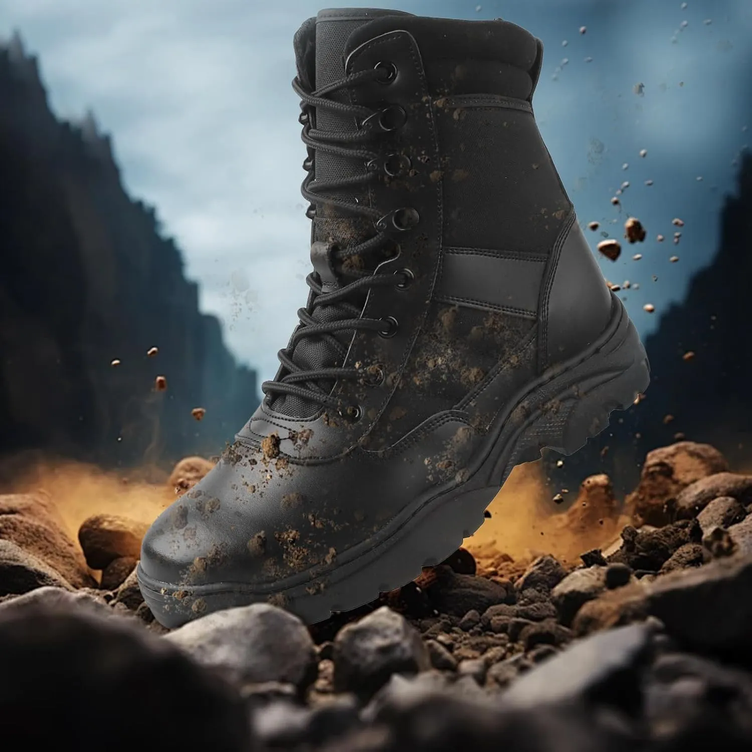 QUNLON Men's Tactical Military Boots Side Zipper Lightweight 8'' Army Combat Motorcycle Boots for Duty Work