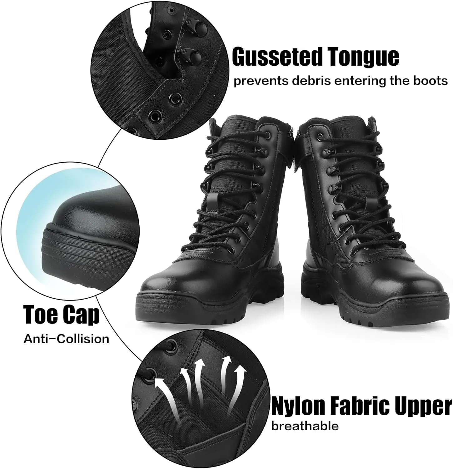 QUNLON Men's Tactical Military Boots Side Zipper Lightweight 8'' Army Combat Motorcycle Boots for Duty Work